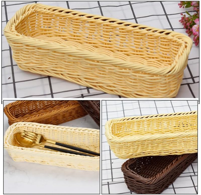 Miniatura 5 de HEMOTON Cesta de almacenamiento de plástico, 2 unidades, organizador de cajones de cocina, bandeja de utensilios de ratán, bandeja de cubiertos,