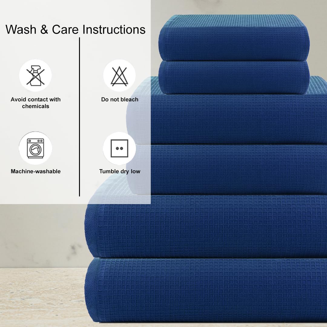 Casa Copenhagen Juego de 6 Toallas de baño, 600 g/m², Azul Marino | Waffle 100% algodón egipcio puro para baño, cocina y ducha: 2 toallas baño, 2 de mano, 2 paños (set regalo mujer y hombre)