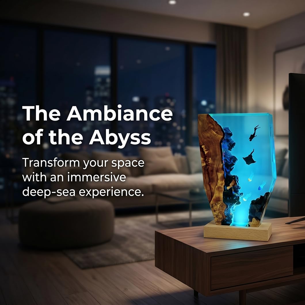 Tiefseetaucher Resin & Massivholz Lampe – USB-dimmbare Nachtleuchte mit Mantarochen & Quallen 3D-Dekoration, handgefertigtes Epoxidharz-Kunstobjekt für Schlafzimmer, Wohnzimmer, Büro (22*13*3.5cm)