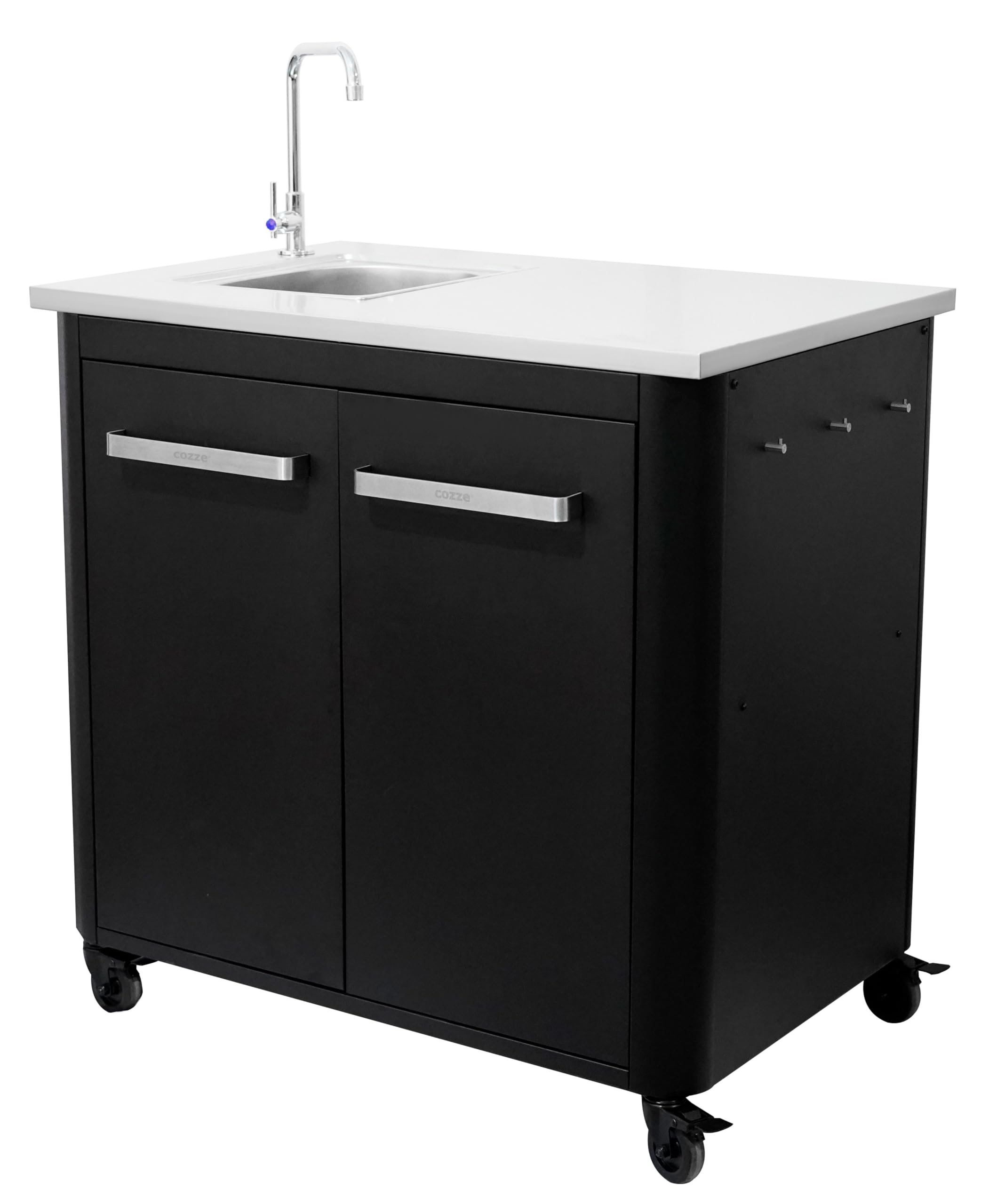Cozze® Cucina da esterno 90 con lavello e rubinetto – Piano in acciaio inox, modulo BBQ componibile con vano contenitore, supporto sacco rifiuti, ganci e ruote, portata 100 kg