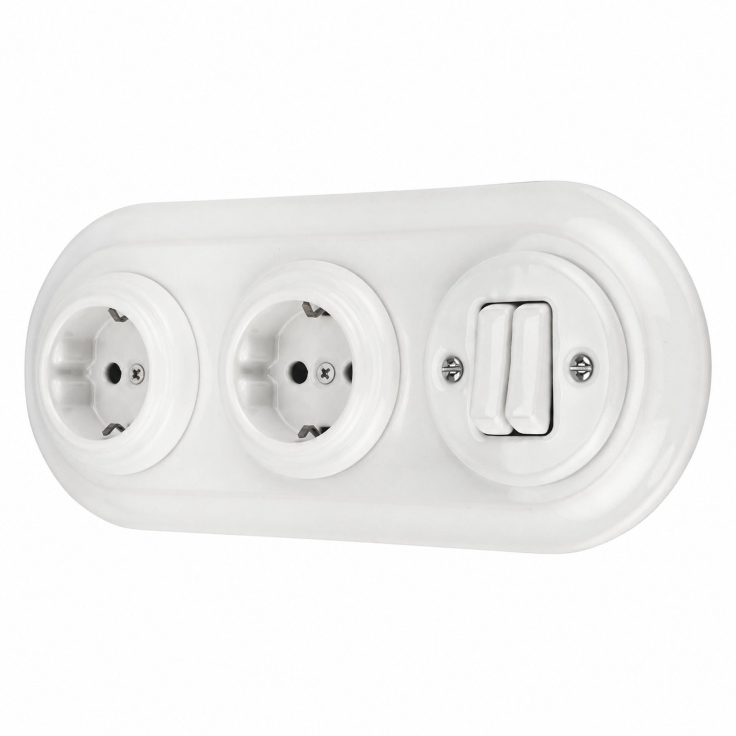 Unterputz Porzellan Retro Steckdose, Doppelschalter, 3-fach, All-in-One, SET Serie PR1 weiß