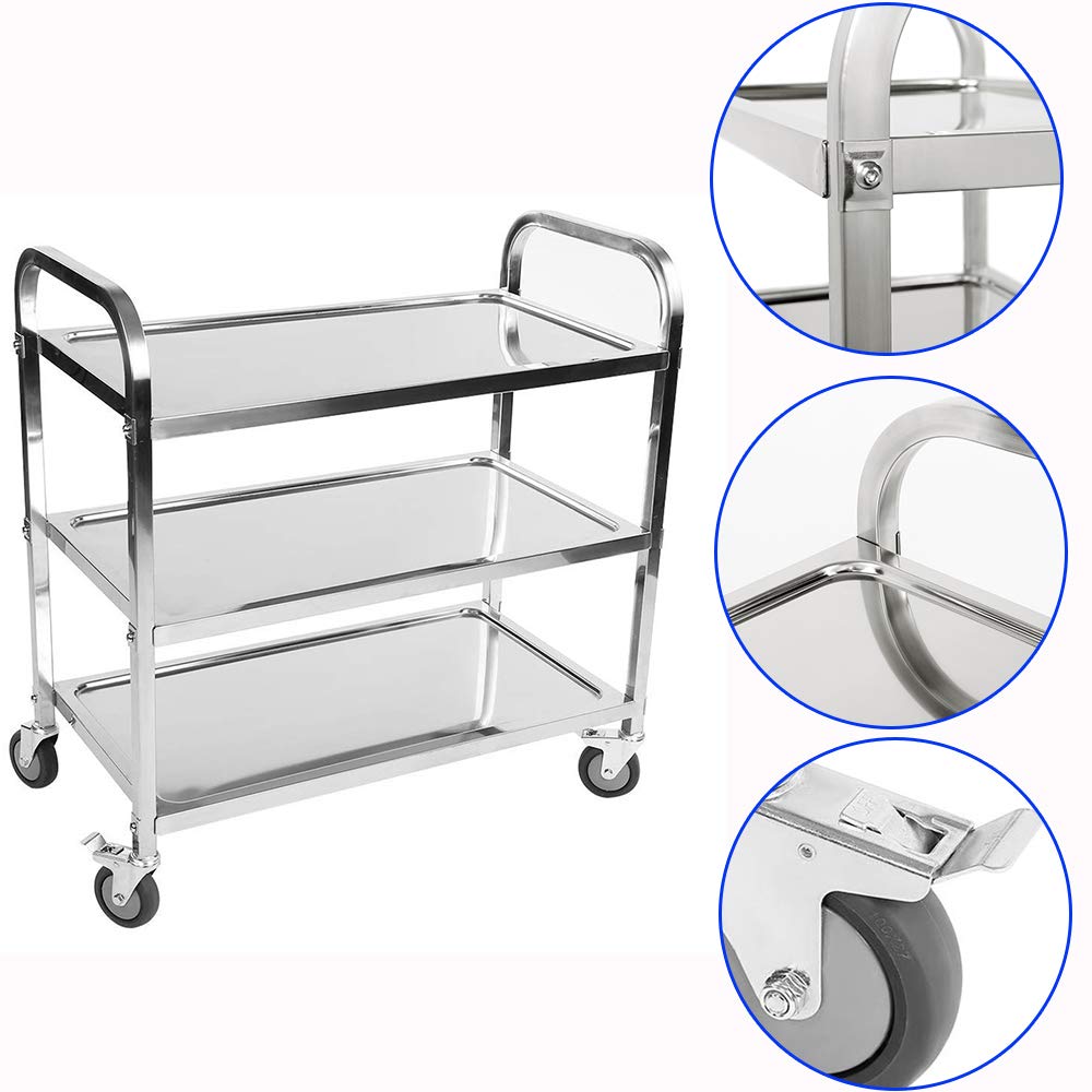 3 couches, Carrello di Servizio, Carrello in Acciaio Inossidabile, Ideale per alberghi, ristoranti e Case di Cura, 95 * 50 * 95cm