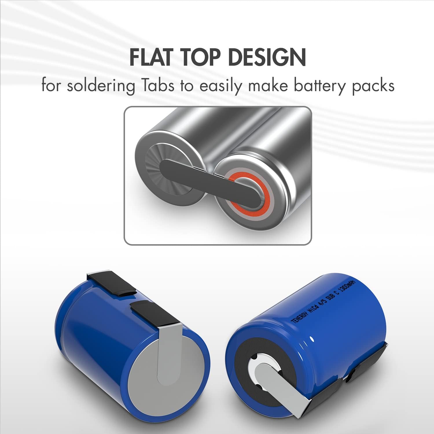 Tenergy 4/5 SubC 1.2 Volts 1300mAh NiCD Rechargeable Batteries with Tabs, Flat top, 15 Pack