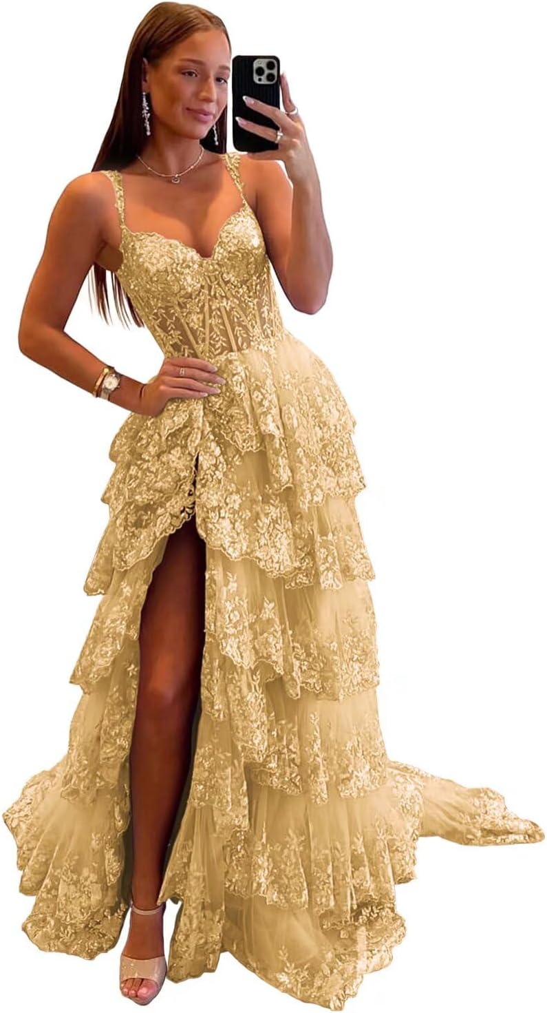 Sparkly Tiered Lace Tulle Prom Dresses Long Spaghetti Straps Formal Evening Party Gown