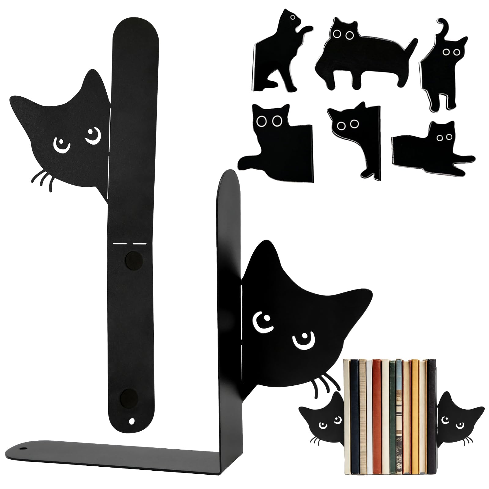 2 Piezas Sujeta Libros Estanteria Gato, Apoyalibros Negro Antideslizante con Marcapaginas, Soporte Libros Estanteria Metal para Estudiantes, Oficina y Amantes Lectura