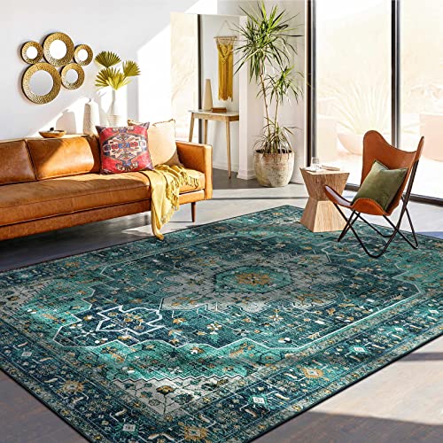 Moynesa Ultra-Thin Vintage Area Rug - 9x12 Large Living Room Rug, Non-Slip Stain Resistance Low Pile Bedroom Mat, Oriental Indoor Office Floor Carpet for Dining Room Kitchen Table Dorm