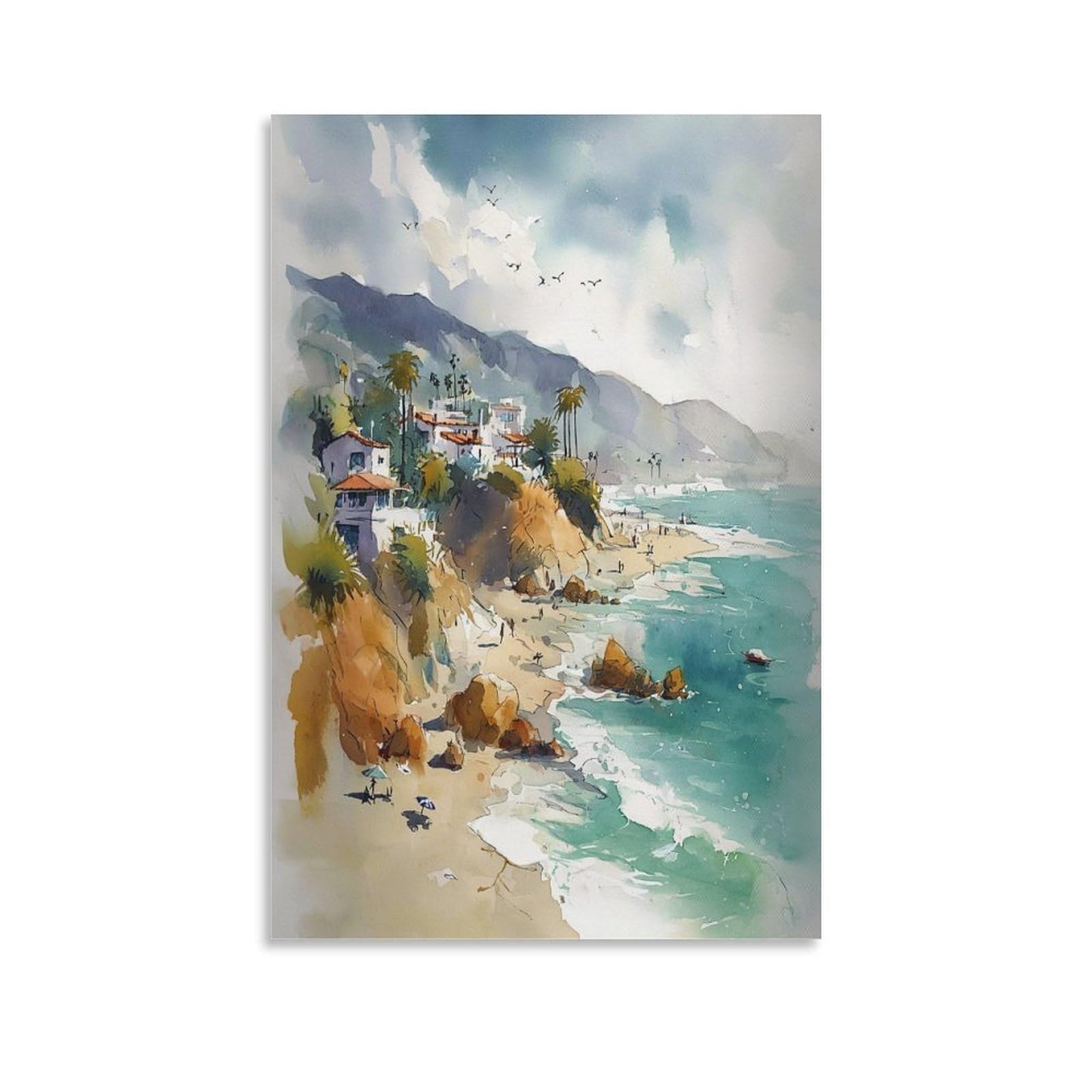 XWYMXZ Laguna Beach Watercolor Painting Posters Tree 20x30inch(50x75cm) Vintage Watercolor Canvas Art