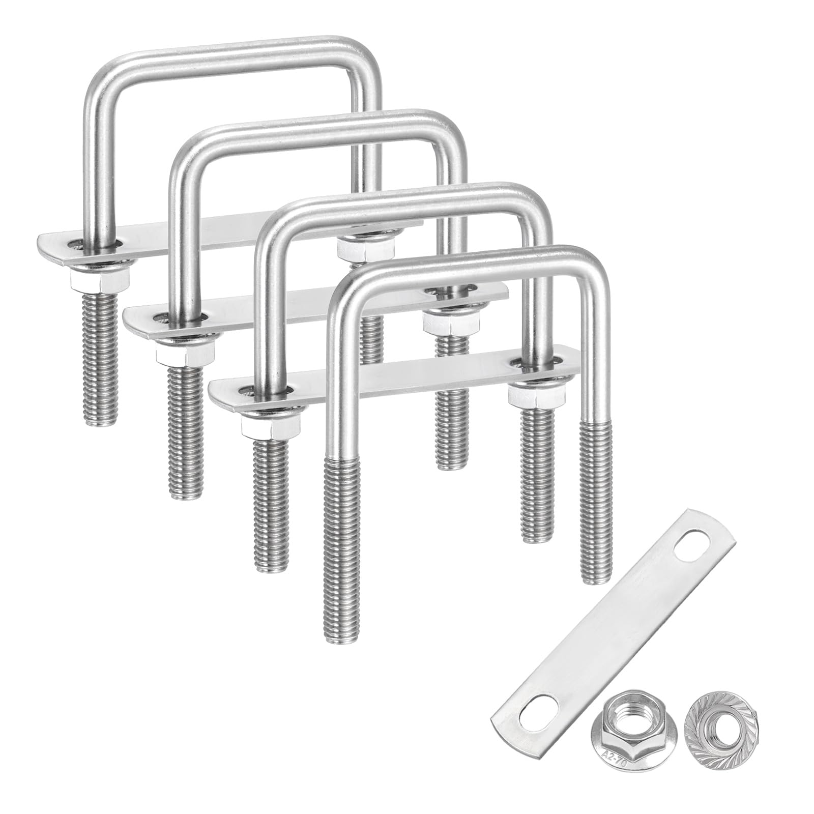 sourcing map 4 Set M8 2-3/8 Inch Inner Wide Square U Bolts, 3-9/16 Inch Length 304 Stainless Steel U-Bolts with Flange Hexagon Nuts, Frame Plates for Trailer, Automotive, (60mm W x 90mm L)