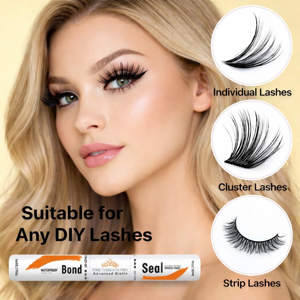 2 in 1 BIOTIN Bond and Seal Sensitive Eyes Waterproof LongLasting Strong Hold Cluster Eyelash Glue for DIY Lash Extensions at Home- Gentle Formula, Non-Toxic- 5ml+5ml