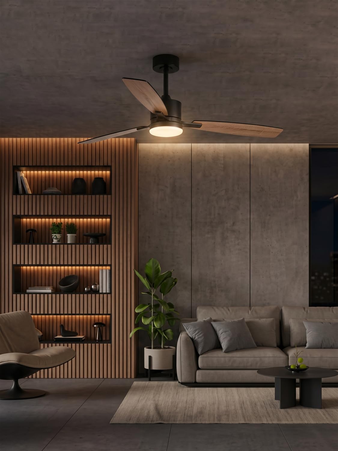 Deckenventilator mit Beleuchtung 132 cm, Leiser DC-Motor, 30W LED Dimmbar, App & Fernbedienung, Holz-Flügel Wendebar, Deckenlampe mit Ventilator für Schlafzimmer & Wohnzimmer, Schwarz