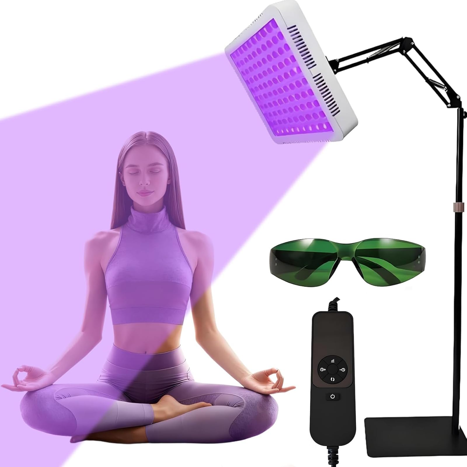 Lampa do opalania, 100 diod LED, długość fali 395 Nm, głowica obracana o 360° i regulowany kątowy stojak, 5 poziomów jasności i regulacja czasu, urządzenie samoopalające do twarzy i ciała