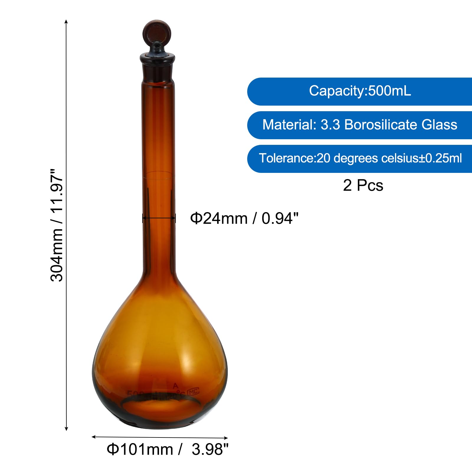 PATIKIL Matraz Volumétrico de 500 ml, 2 Unidades de Matraz Volumétrico Graduado de Vidrio Borosilicato 3.3 con Tapón de Vidrio, Tolerancia de 0.29 ml, Ámbar