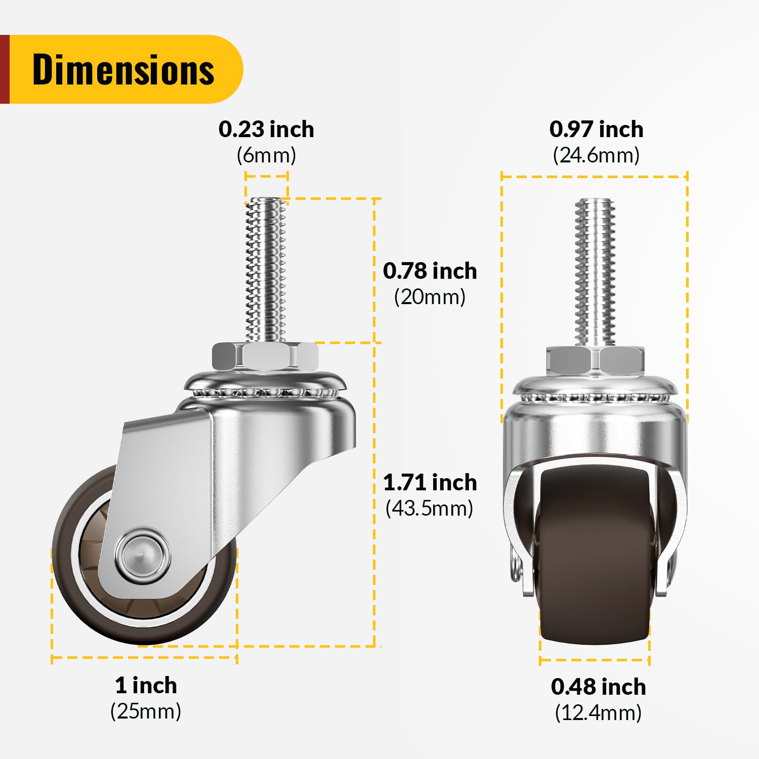 HOLKIE Set di 4 Rotelle per Mobili 25mm, Ruote Girevoli Piccole con Freno, Ruote di Ricambio Silenziose per Carrello e Tavoli, Perno Filettato M6x20mm, Capacità 40kg