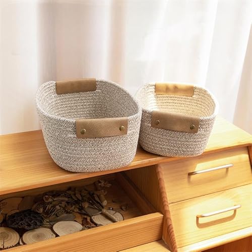Aufbewahrungskorb Baumwolle Geflochten Braun Klein, Korb Aufbewahrung 28x17x11cm mit Abnehmbaren Ledergriffen, Waschbares Körbchen für Bad & Wickeltisch, XAQAMY