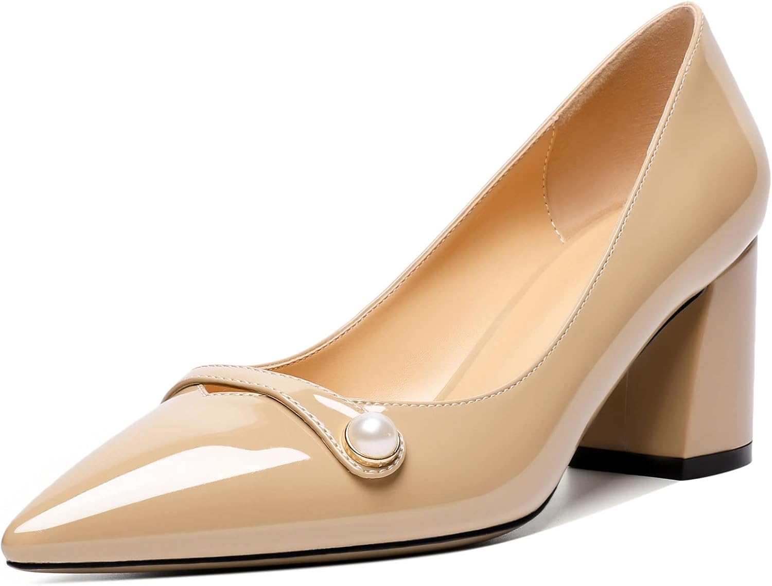 AUMOTED Women's Chunky Block Heel Pumps Pointed Toe Slip On Chunky Mid Heels Ladies Work Office Dress Shoes 2.5 Inches