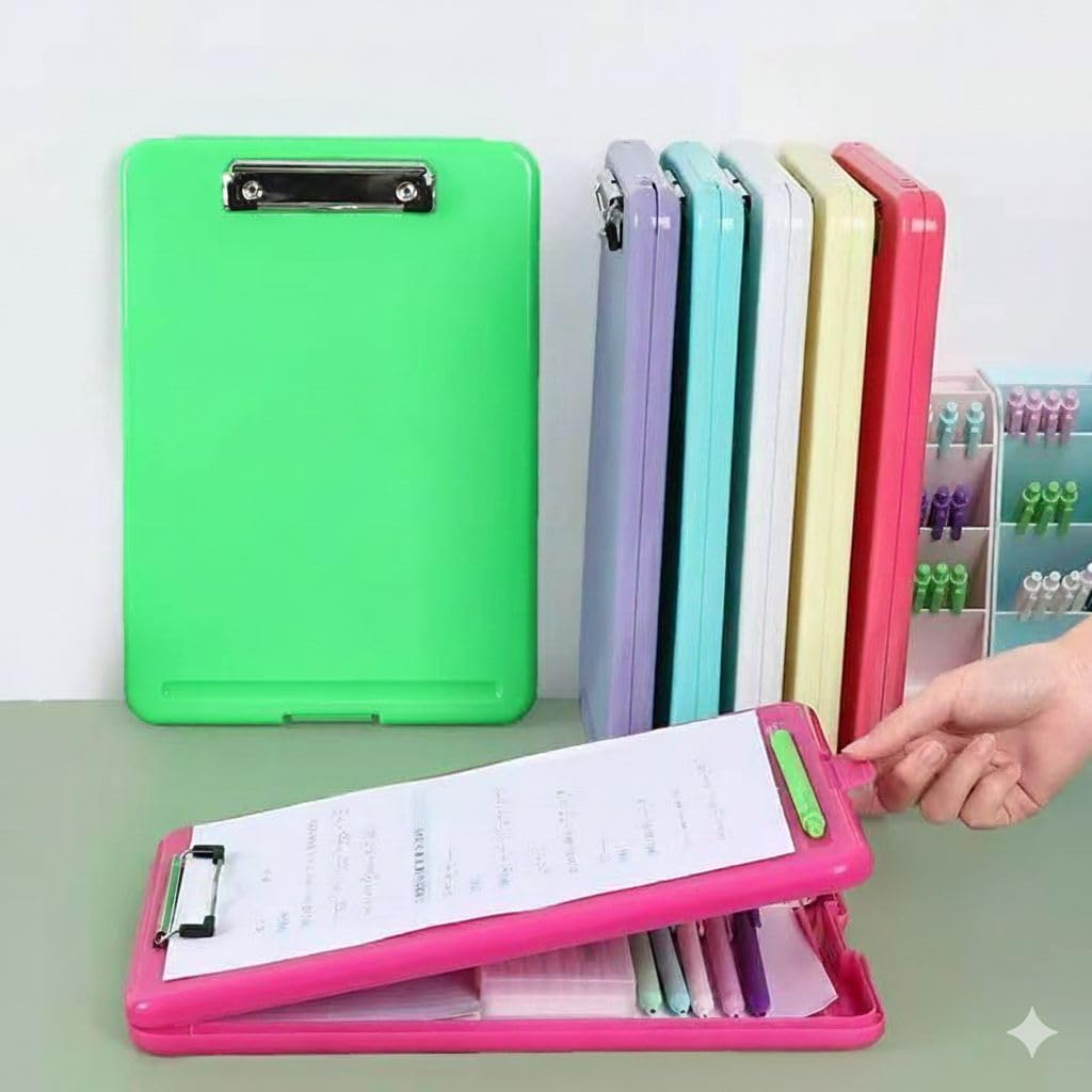 Professional Storage Clipboard, A4 Size Plastic Document Holder with Built-in Storage Box and Pen Holder, 150 Sheet Capacity, Perfect for Students and Exams