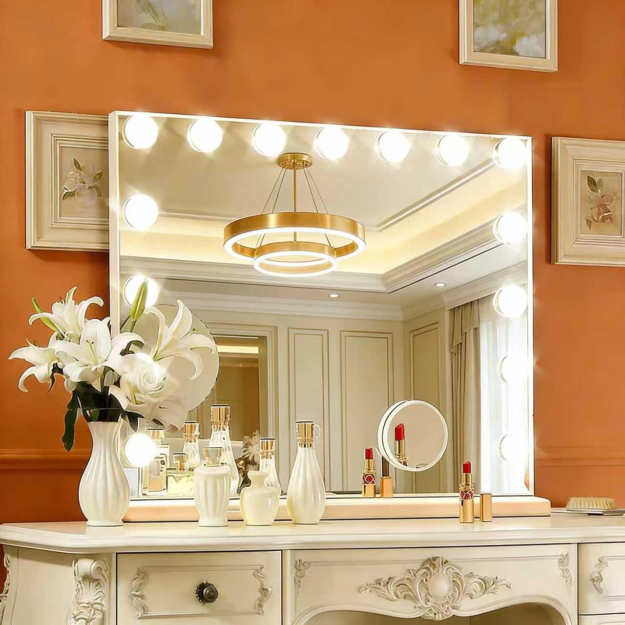 Hollywood Vanity Mirror with Lights, 15 Dimmable Bulbs, 3 Color Lights,Make Up Lighted Mirror, Aluminum Metal Frame, USB Charging Port（23" x 18"）