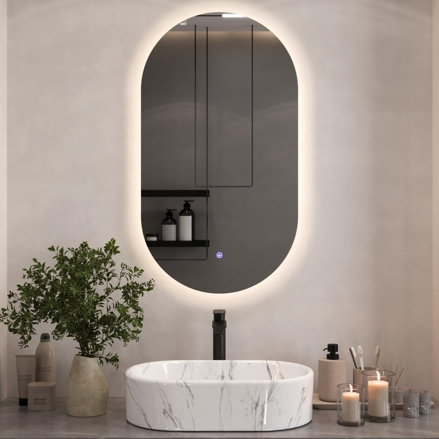 Planetmöbel Specchio con illuminazione 50 x 90 cm, specchio senza cornice, 2 livelli di luce (4000-4200k), con interruttore touch, moderno specchio da parete per bagno, corridoio o guardaroba, ovale