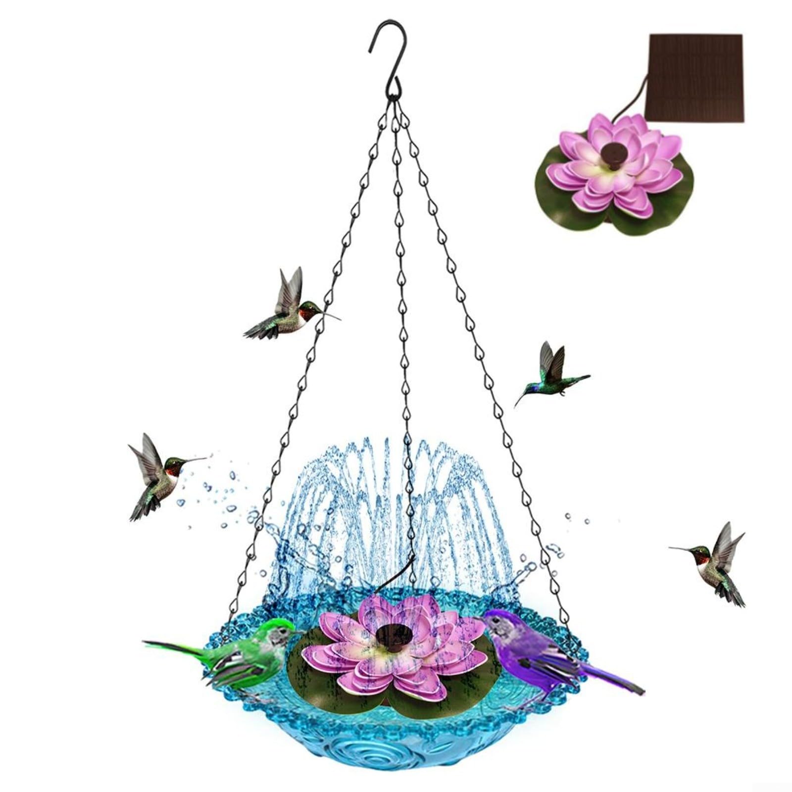 Abbeveratoio per uccelli da appendere all'esterno, alimentato a energia solare, fontana di loto per esterni, giardino, cortile, decorazione ad acqua, 23,5 x 45 cm (blu)