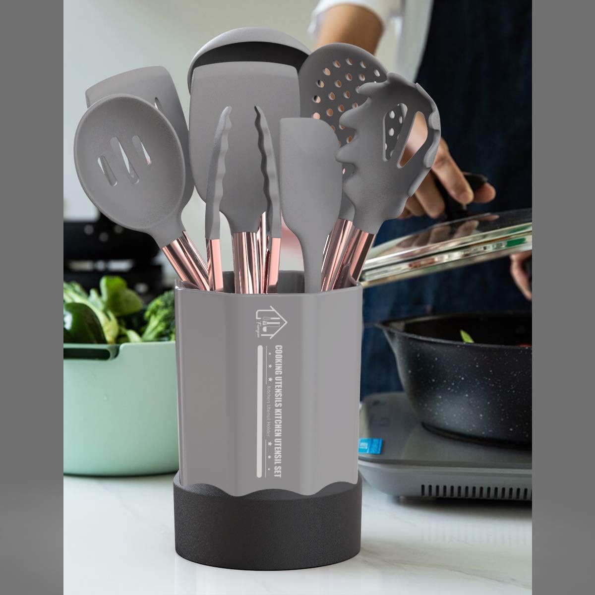 Silicone Cooking Utensil Set, Fungun 24pcs Silicone Cooking Kitchen Utensils Set, Non-stick Heat Resistant - Best Kitchen Cookware with Copper Stainless Steel Handle -Gray(BPA Free, Non Toxic) : Home & Kitchen