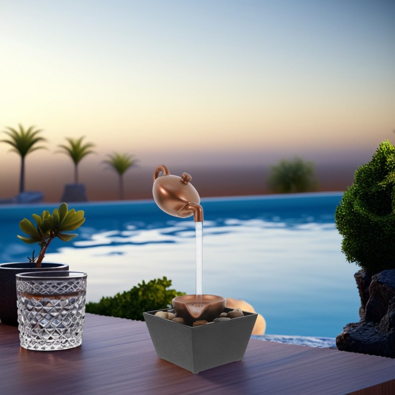 ibasenice Tischbrunnen Zimmerbrunnen mit LED Beleuchtung, Mini Wasserfall Indoor für Entspannung und Schlafzimmer, USB-Betriebener Zimmerspringbrunnen Gold, 11.5x11.5x13 cm