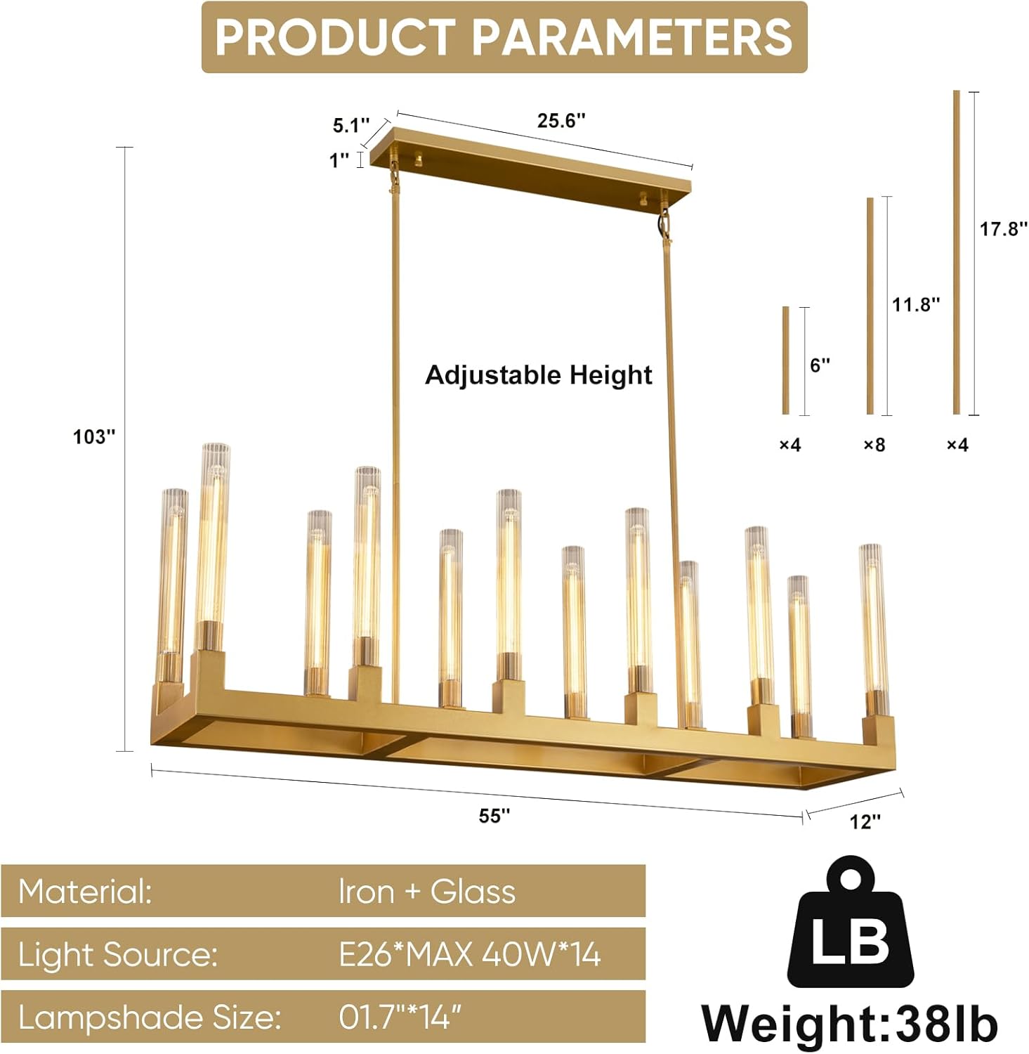 14-Lights Rectangle Chandelier with Glass Tube 55''Gold Rectangular Dining Room Chandelier Over Table Modern Large Linear Chandeliers for Kitchen Island,Living Room,Foyer