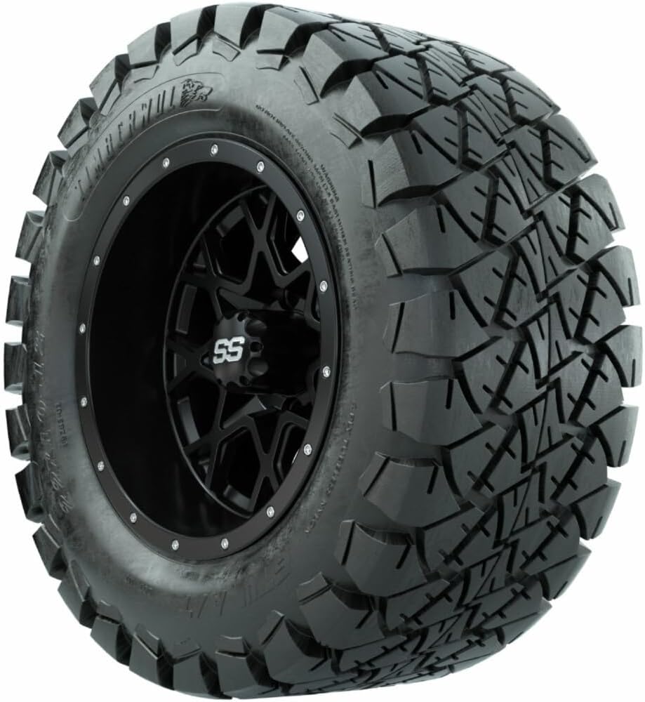 GTW 12 Inch Golf Cart Wheels and Tires Combo | Matte Black Vortex Wheels on 22x10-12 Timberwolf All Terrain Tires | Set of 4