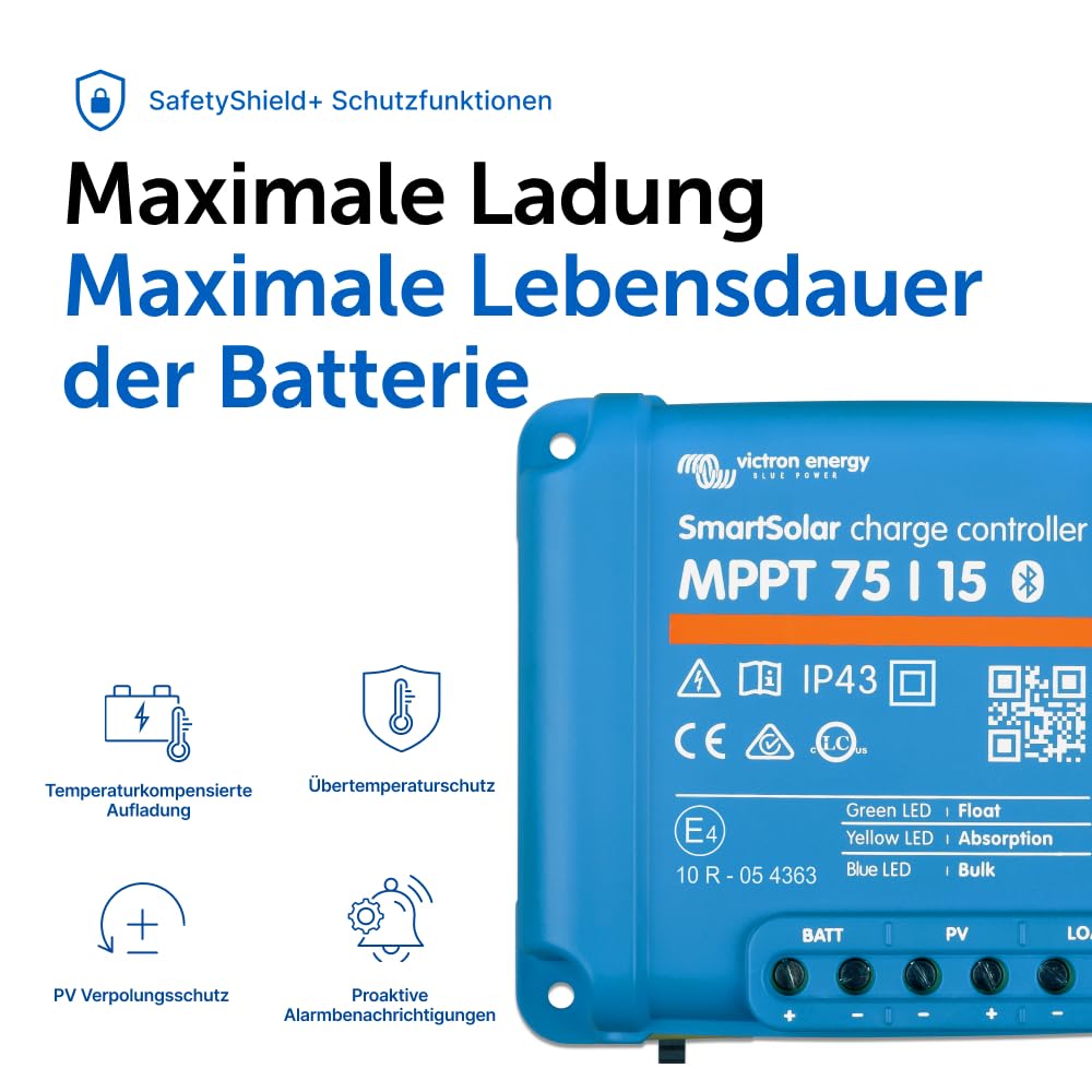 Victron Energy SmartSolar MPPT Laderegler - Solar Laderegler (Bluetooth) - 75V 15 Amp 12/24-Volt