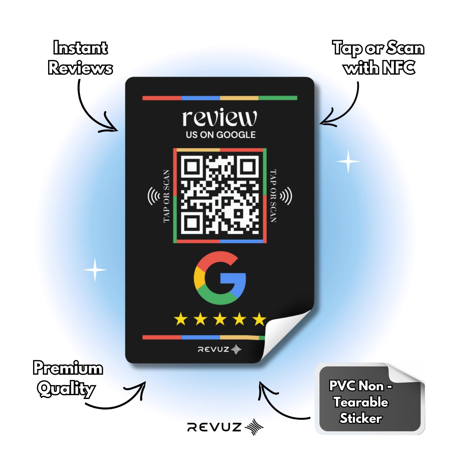 Revuz Online Review Sticker for Customer Feedback - Boost Online Ratings with Tap-to-Review QR Code - No App Required (Pack of 2) (M3) 1