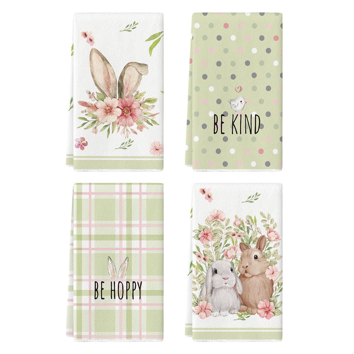 Artoid Mode Green Bunny Rabbit Ears Floral Leaves Easter Kitchen Towels Dish Towels, 18x26 Inch Be Kind Seasonal Decoration Hand Towels Set of 4