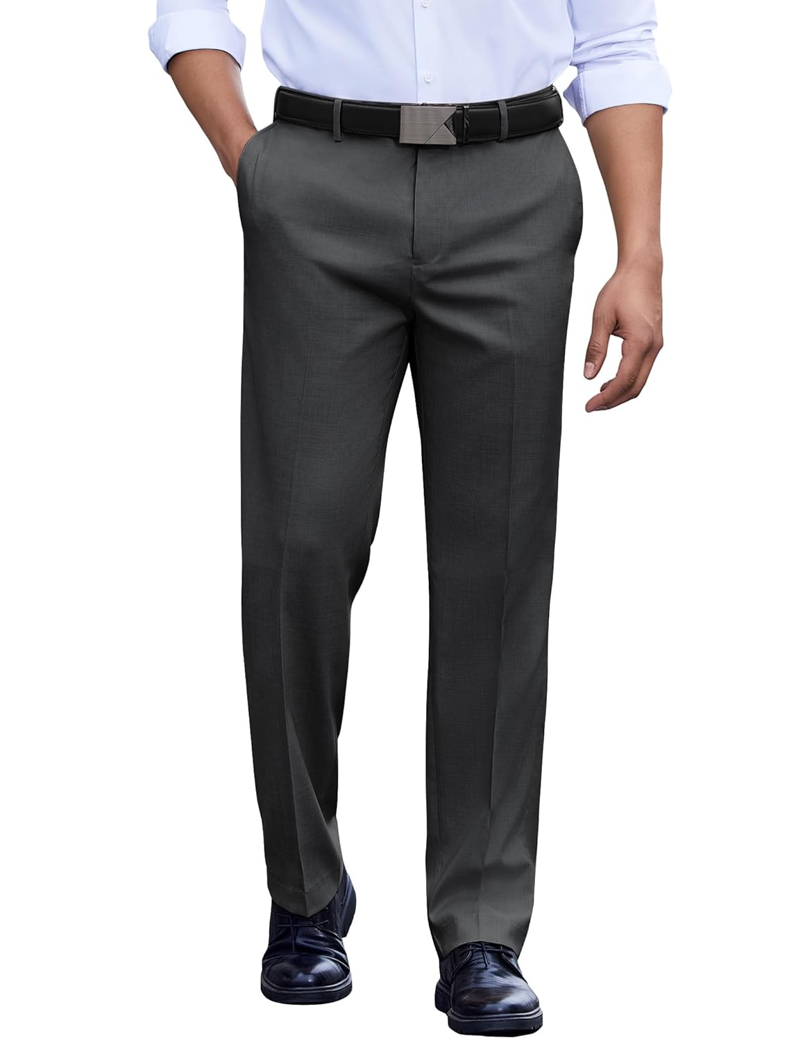 COOFANDY Calça social masculina com ajuste clássico, frente lisa, casual, cintura expansível, calça social
