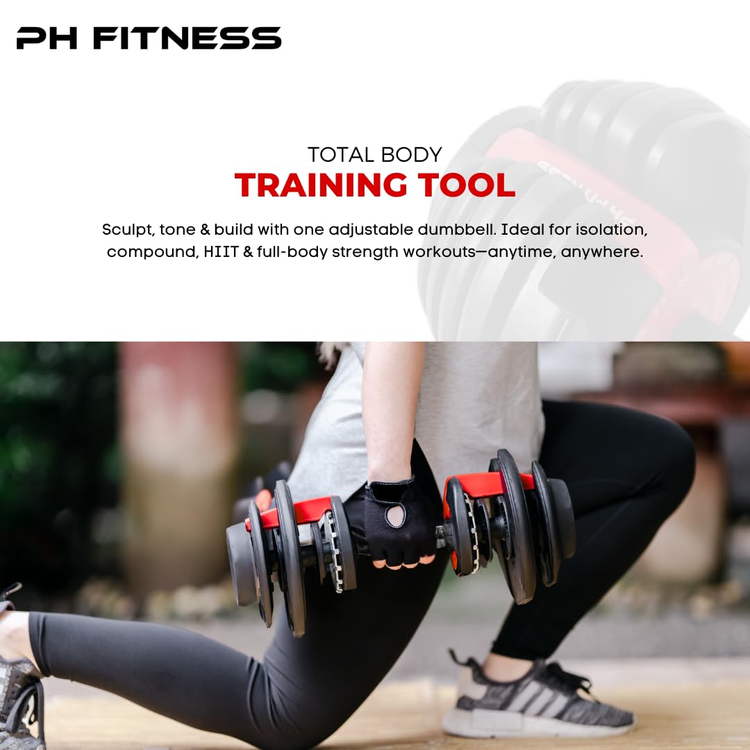 PH Fitness Premium Regulowany Zestaw Hantli 24 kg – 15-w-1 z Regulacją Jedną Ręką – Kompaktowa Para Hantli do Domowej Siłowni – 2,5–24 kg – Sprzęt Treningowy Oszczędzający Miejsce