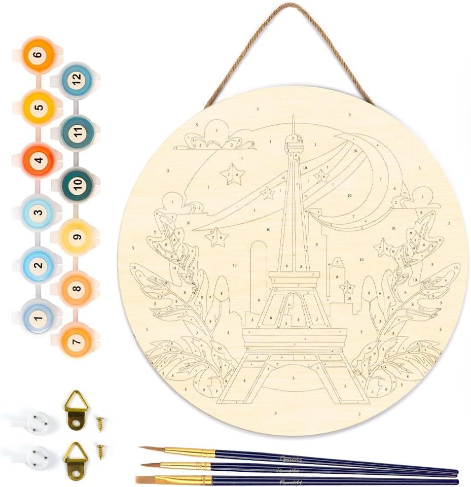Figured'Art Paint by Numbers Kit for Adults on Wood Slice, 11.8in Diameter - Eiffel Tower - Craft Art Painting DIY Canvas