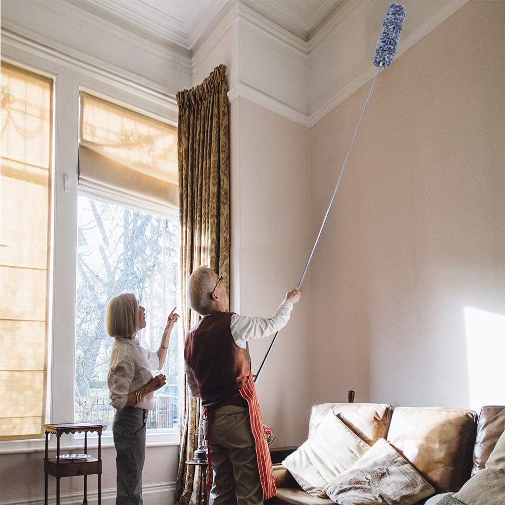 Furein Microfiber Duster with Extension Pole Reach 30" - 100", Flexible, Bendable, Extendable for Interior Roof, Ceiling Fan, Cobweb Duster, Large Microfiber Head - Wet or Dry Use Gray
