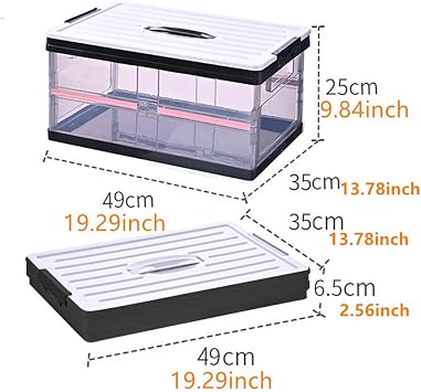 Clear Foldable Storage Bins with Lids Plastic Collapsible Storage Box Portable Stackable Grocery Books Container Folding Latching Storage Crate for Indoor Outdoor Car Trunk (Black)