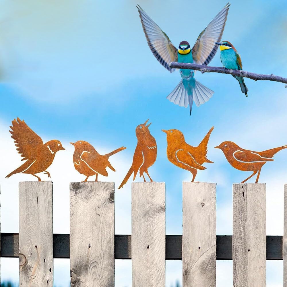Voarge Pack of 5 Rusty Birds Decorative Rust, 5 Patina Metal Bird Stakes, Garden Decoration, Rust Look with Screw Thread - Image 4