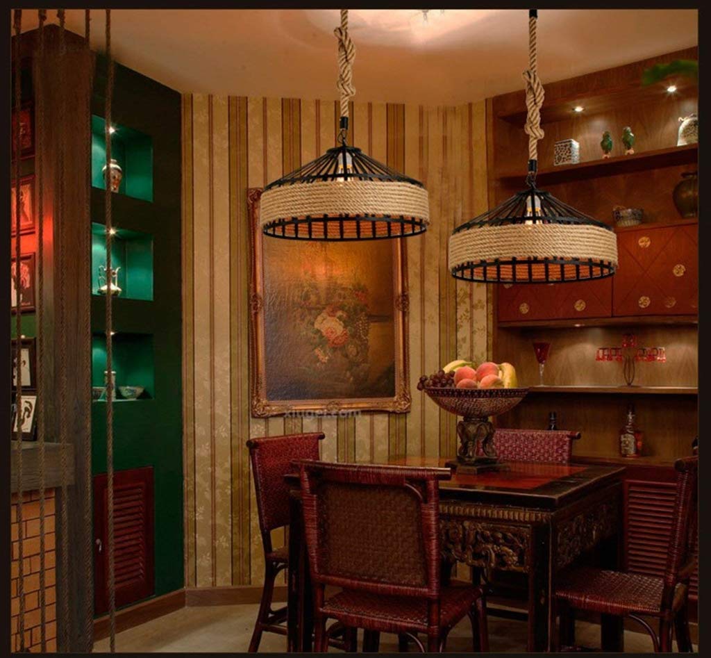 Przemysłowe lampy wiszące, vintage wyspy kuchenne wisząca oprawa oświetleniowa lampa sufitowa, metal i lina konopna klatka żyrandol wisząca lampa do domu wiejskiego jadalni, baru, restauracji