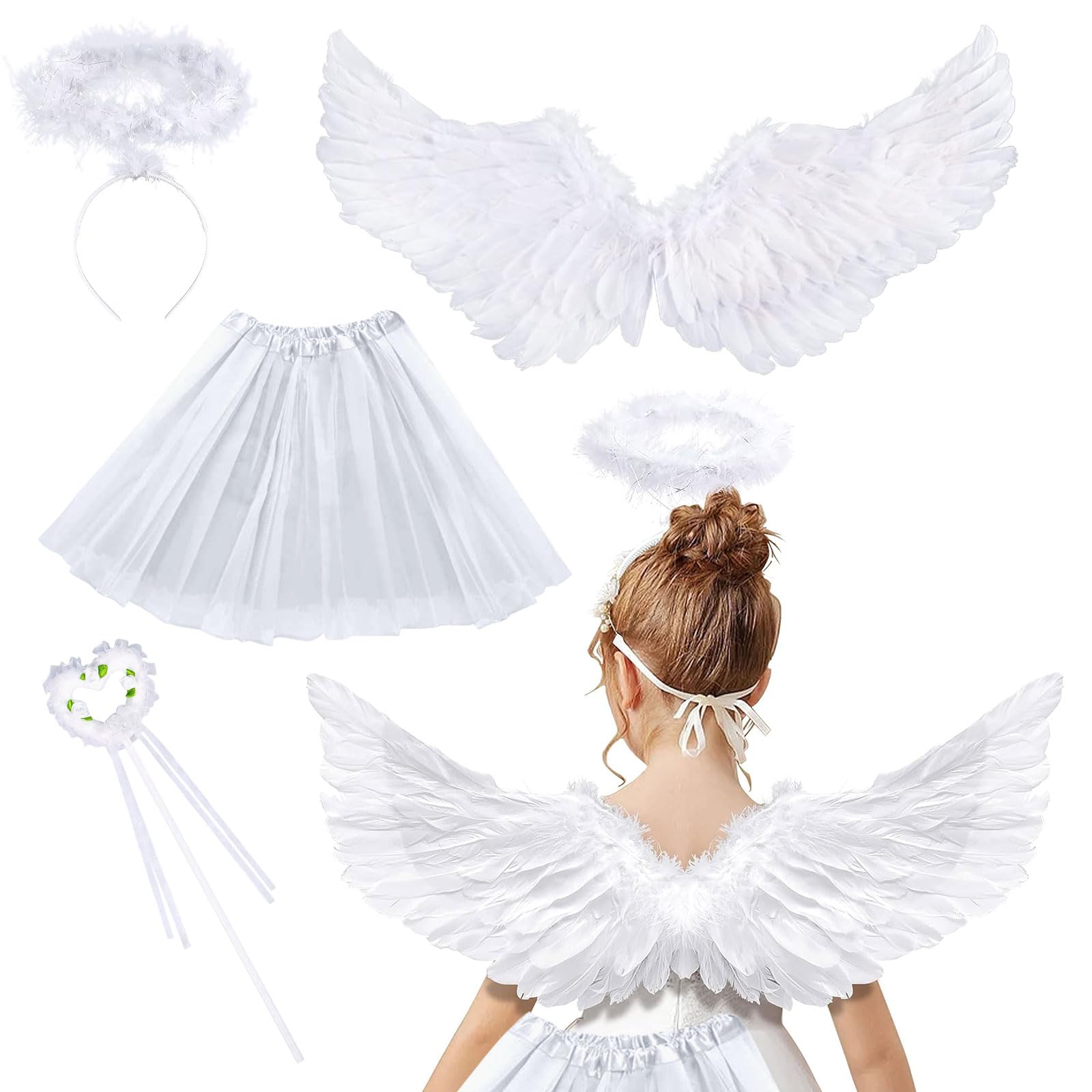 SPERMUOY Disfraz de alas de ángel, disfraz de ángel blanco, alas de ángel blancas con halo, varita mágica, falda de ángel y diadema de ángel, alas blancas, disfraz para niñas, fiesta de Halloween,