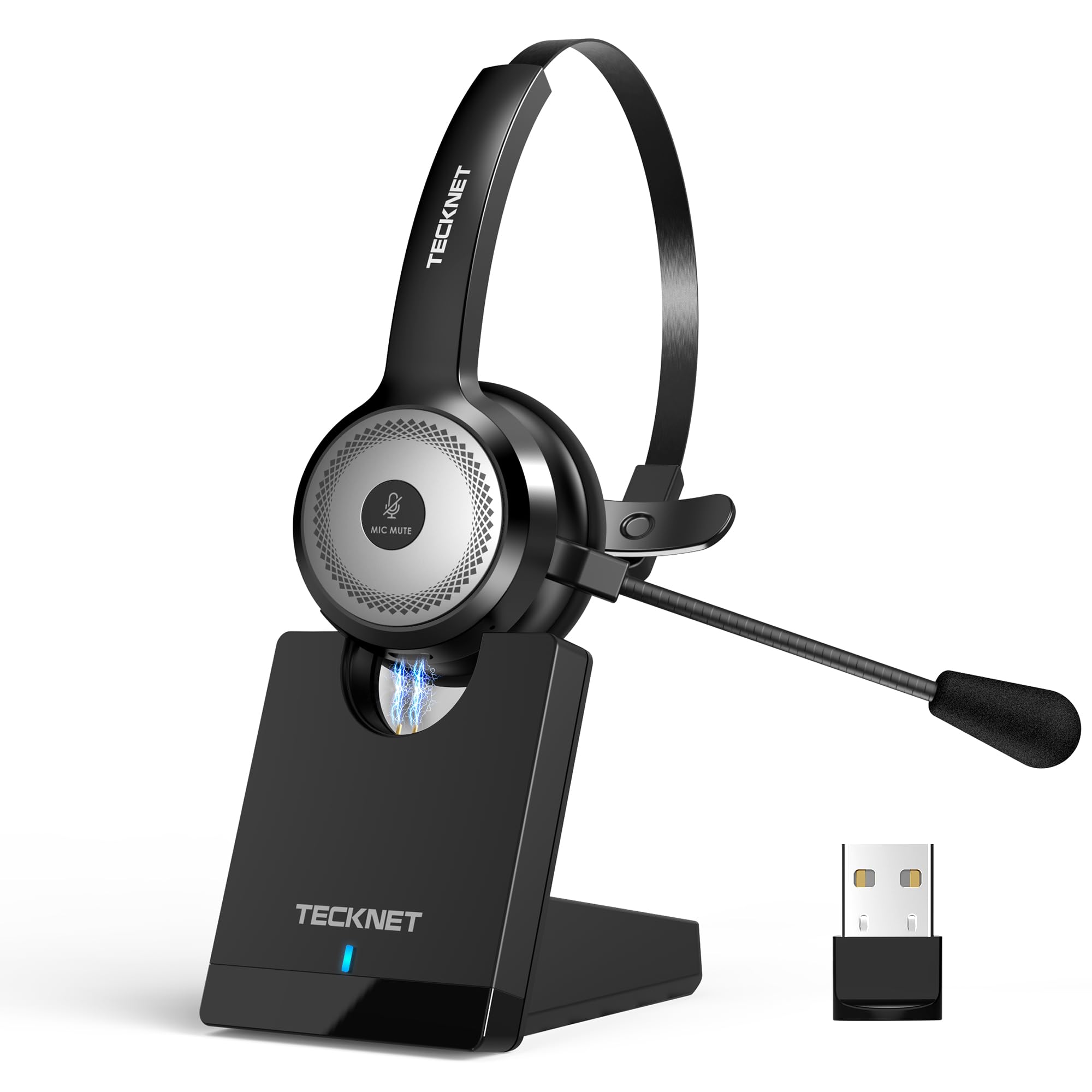 TECKNET Bluetooth PC Headset mit Mikrofon & USB Dongle [45 Std Anrufzeit & 10M Reichweite] kabelloses Headset mit Ladestation, Wireless Headset mit AI Rauschunterdrückung für Business,Büro,HomeOffice