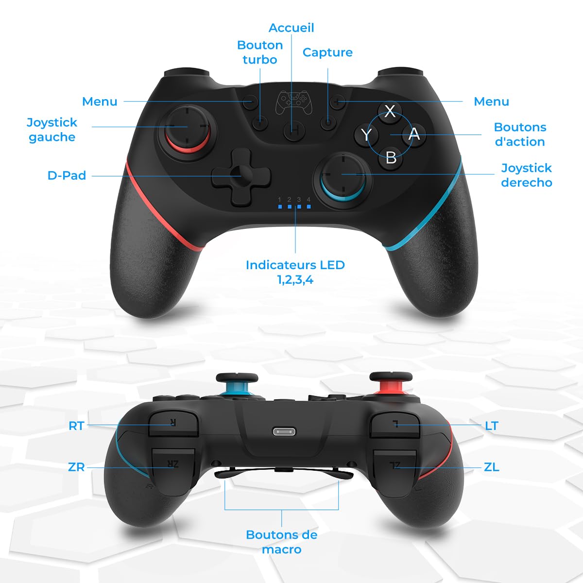 NK Manette Sans fil – Compatible avec Switch/Switch 2/OLED/Lite/Pro avec fonction Wake, réglages macro, Bluetooth, 6 axes, fonction turbo, double choc, double vibration - Couleur noire (rouge et bleu)