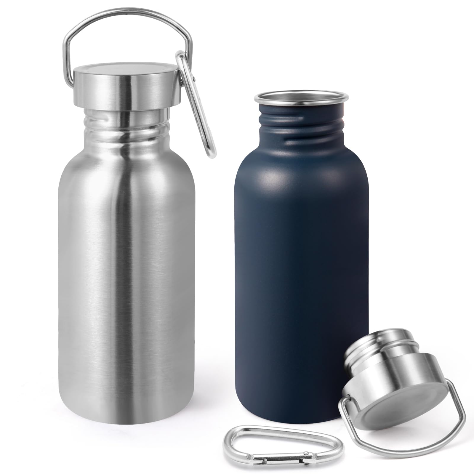 Volhoply 500ml Uninsulated Single Walled Water Bottles 2 Pack, Stainless Steel Sports Water Bottle with Handle & Carabiner, BPA Free 18/8 304 Reusable Water Flask for Camping Hiking Biking (Mix,2)