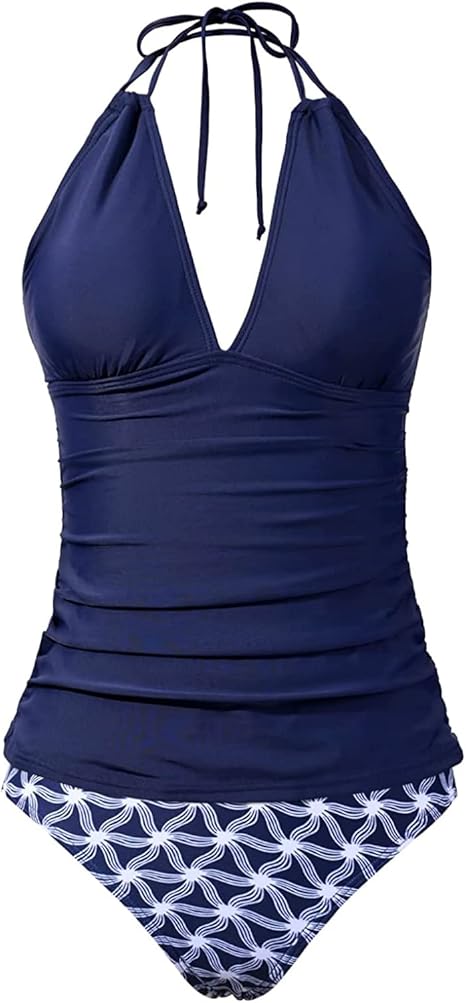 Yonique Halter Tankini Two Piece Swimsuits for Women Tummy Control Bathing Suit V Neck Swimwear for Ladies