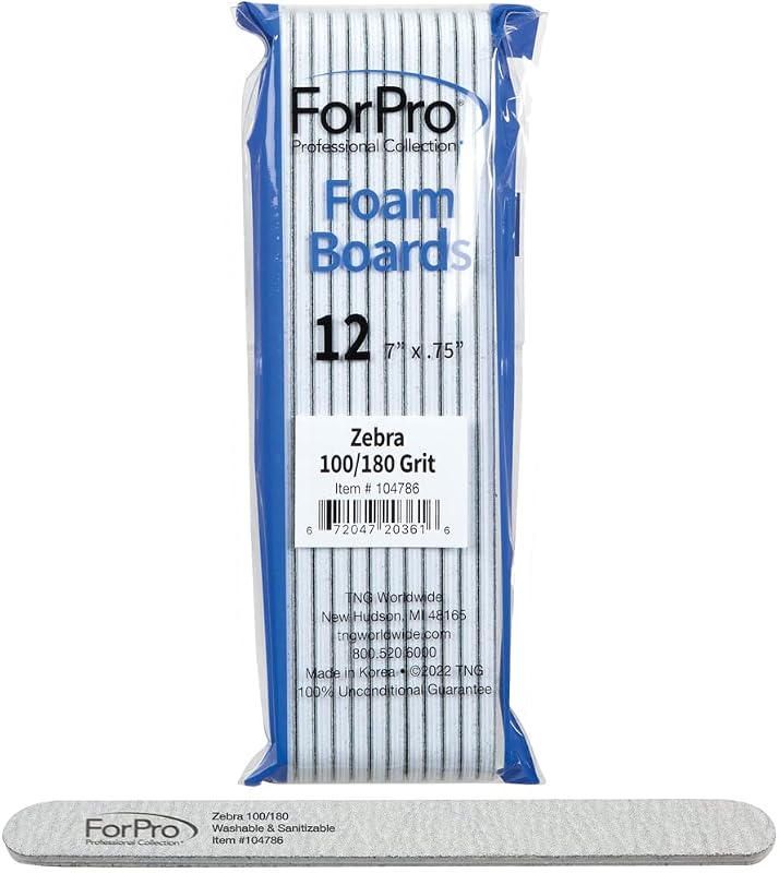 ForPro Professional Collection Nail Foam Boards, Zebra, 100/180 Grit, Double-Sided Manicure and Pedicure Nail Files, 7” L x .75” W, 12-Count