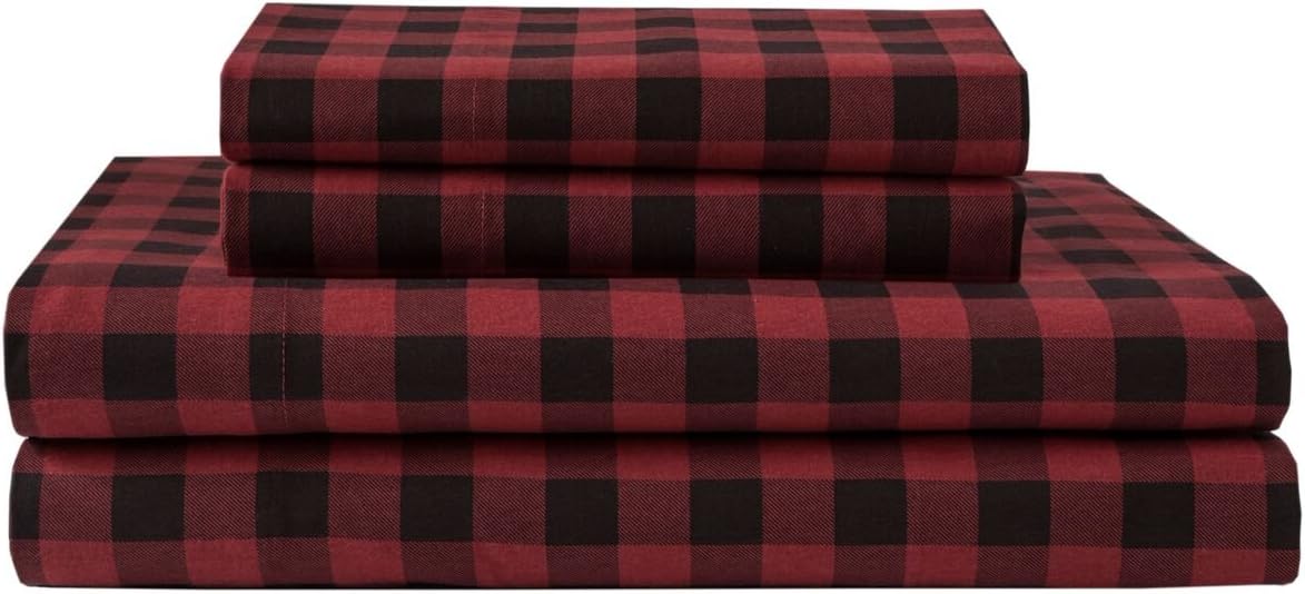 Amazon Com Elite Home Products Deep Pocketed Winter Nights 100 Cotton Flannel Sheet Set Full Buffalo Plaid Red Home Kitchen