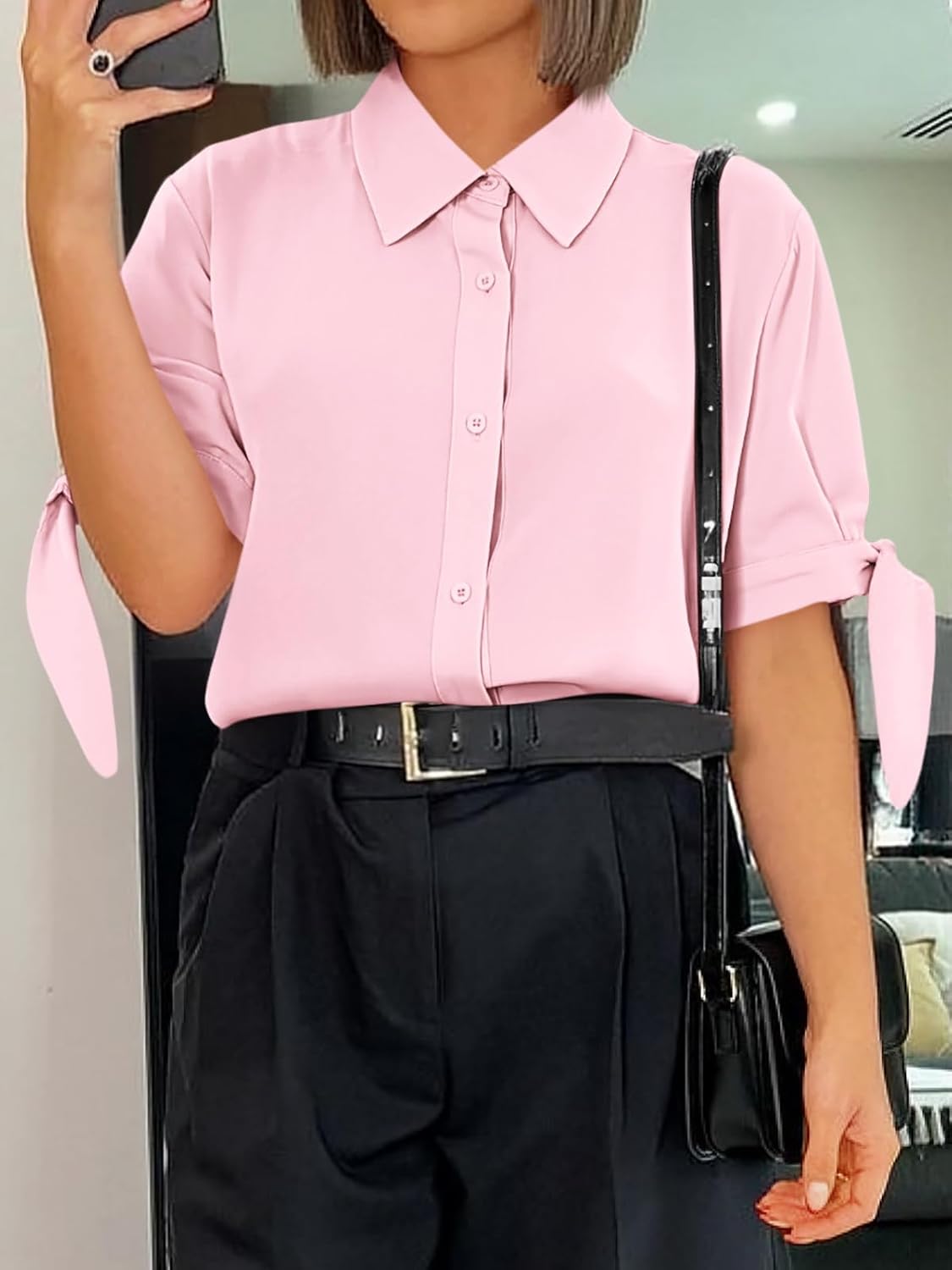 Cicy Bell Womens Short Sleeve Button Down Shirts Summer Casual Collared Tops Loose Fit Bow Blouses - Image 5