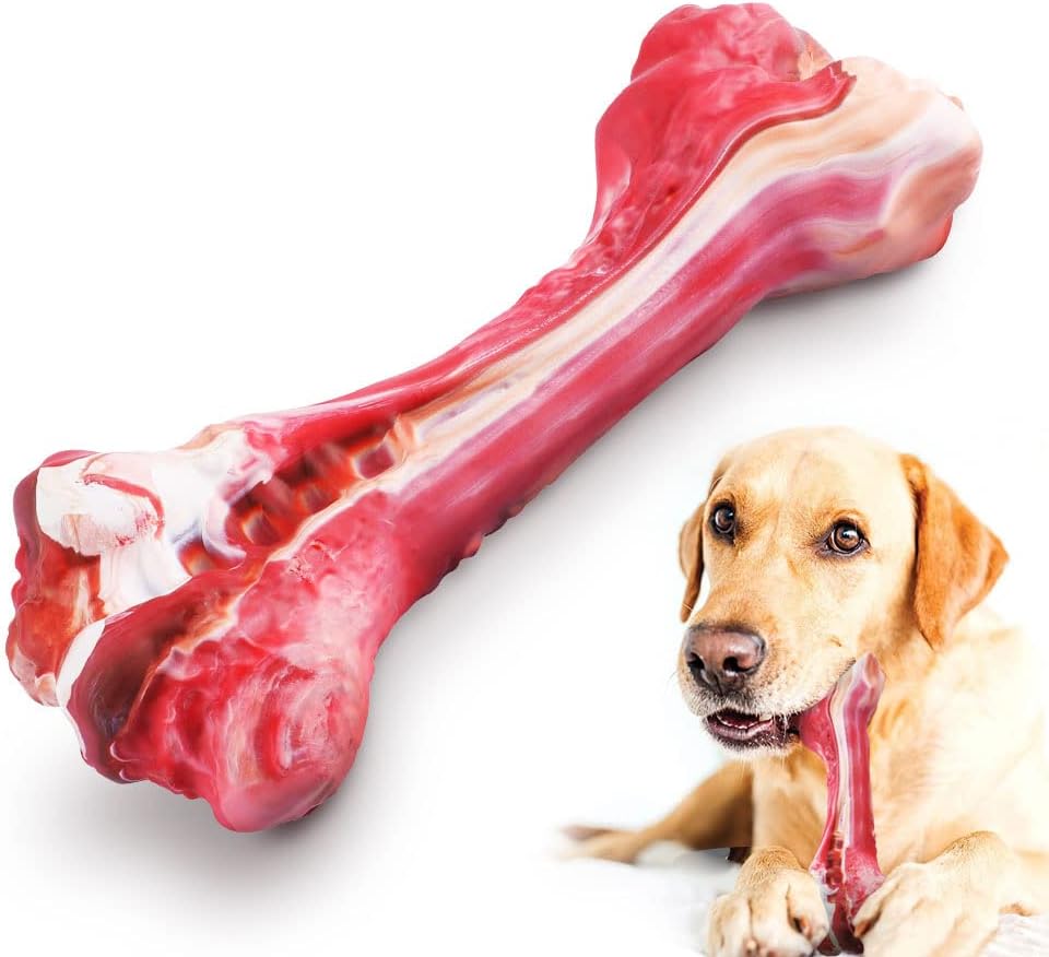 Dog Toys for Aggressive Chewers, Simulated Bone Dog Toys,Food Grade and Natural Rubber Tough Dog Chew Toy for Small Medium & Large Breed. (Red White Brown, Bone L:20 * 8.5 * 4.9cm)