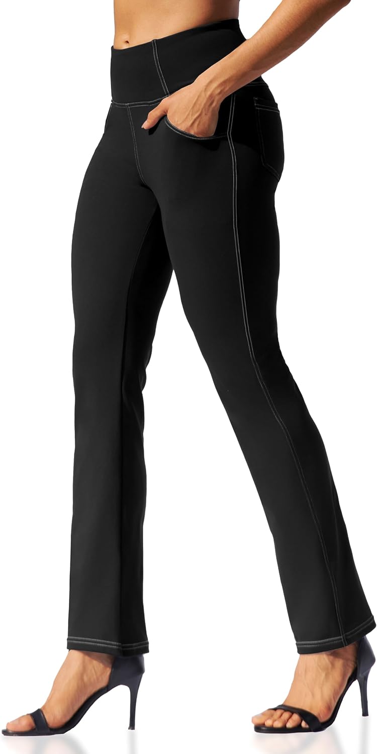 VOOVEEYA Womens Straight Leg Leggings, High Waisted Yoga Pants with Pockets Tummy Control Bootcut Casual Dress Pants
