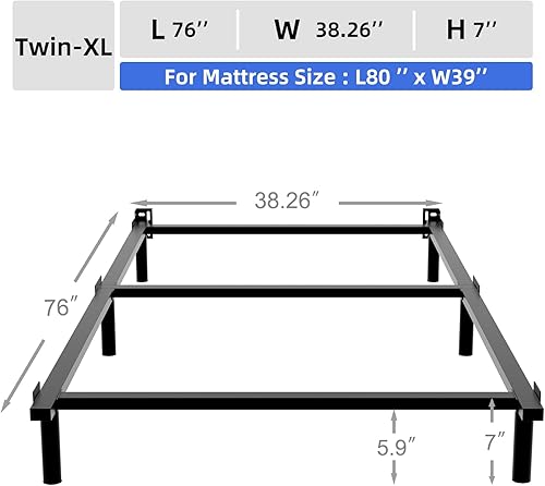 Miniatura 3 de DTIG Marco de cama individual XL de 7 pulgadas, marco de cama de metal para somier y colchón, marco de cama resistente sin herramientas de fácil