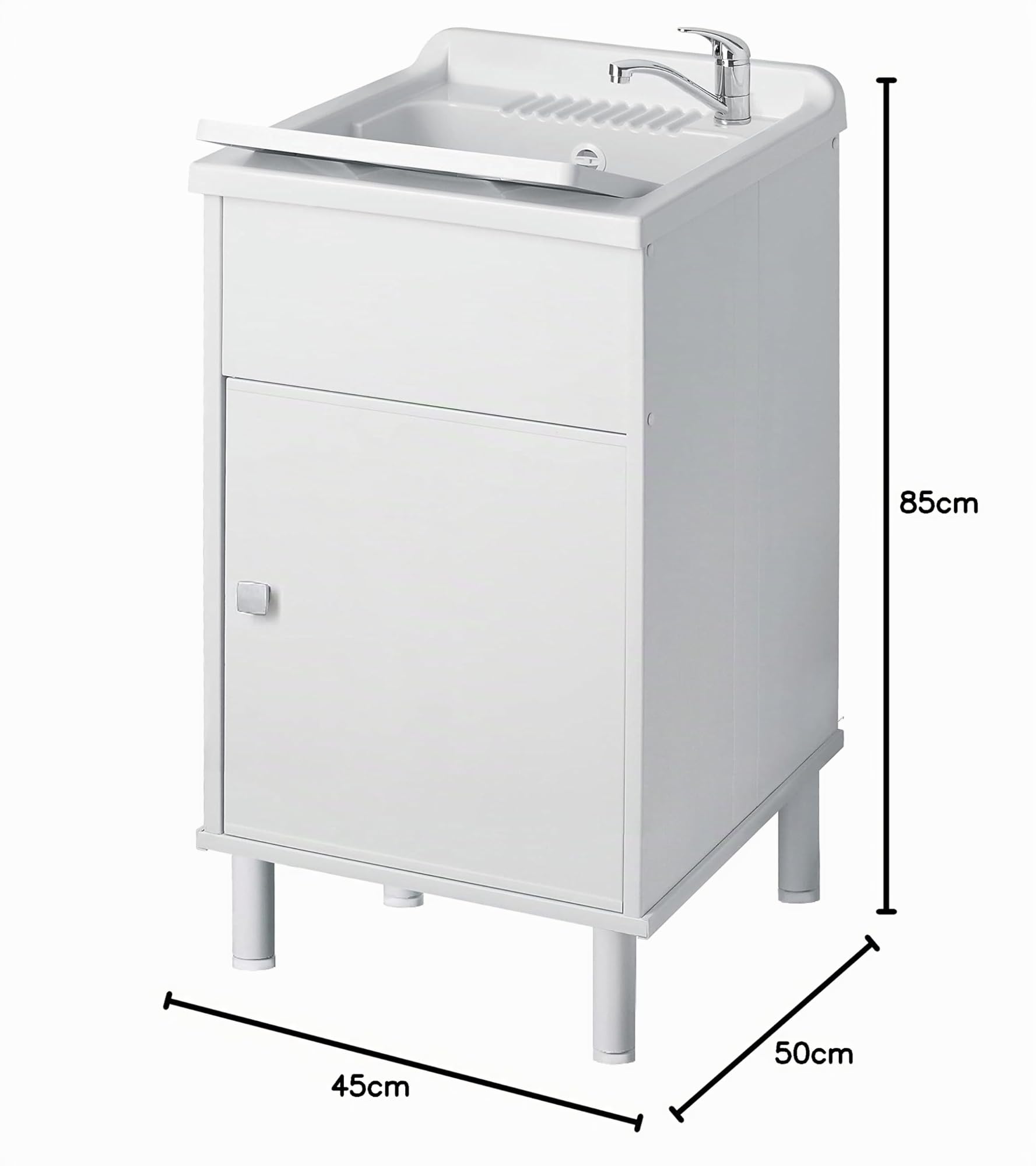 Negrari 9056KAM Lavabo en résine à l'humidité, baignoire résistante aux acides, kit d'échappement inclus, intérieur et extérieur, L45 x P50 x H85 cm, blanc, moyen