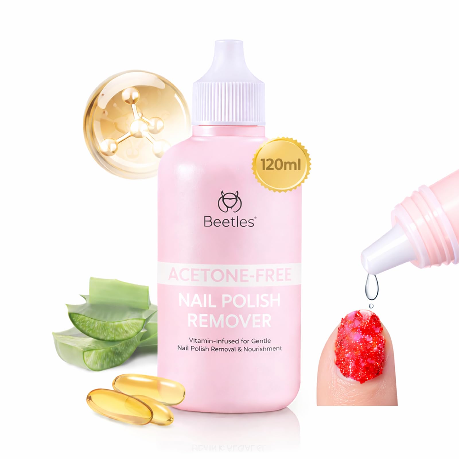 Beetles Non Acetone Nail Polish Remover - 4.06Fl Oz/120ML Nourishing Formula Acetone Free Nail Polish Remover - Non-Drying - Professional Controllable Quick & Gentle Removal for Natural Damaged Nail